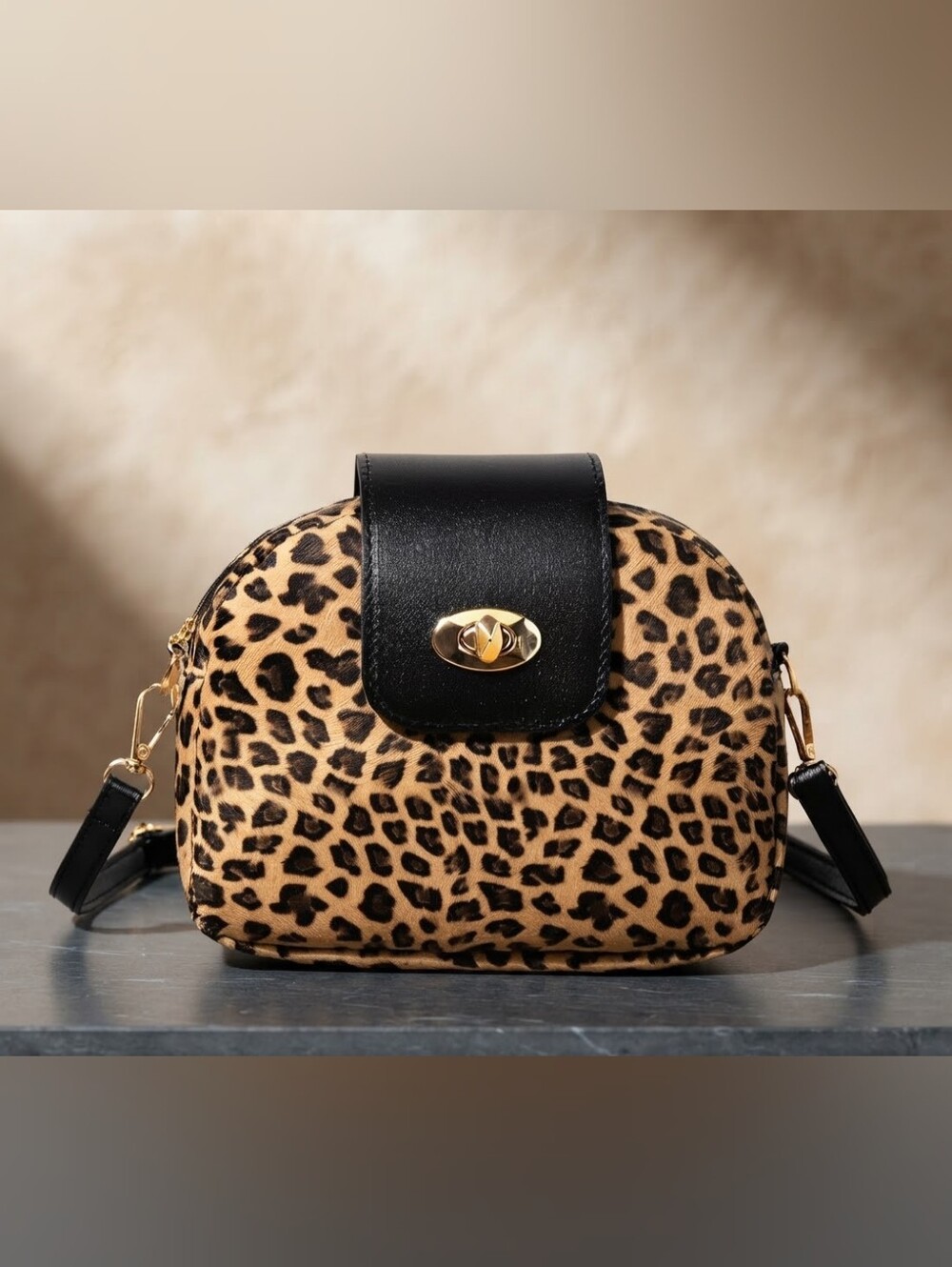 Leopard Print Crossbody Bag with Black Flap